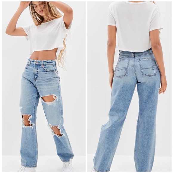 American Eagle Stretch Ripped Curvy '90s Straight Jeans in Classic Vintage Blue - Picture 1 of 12